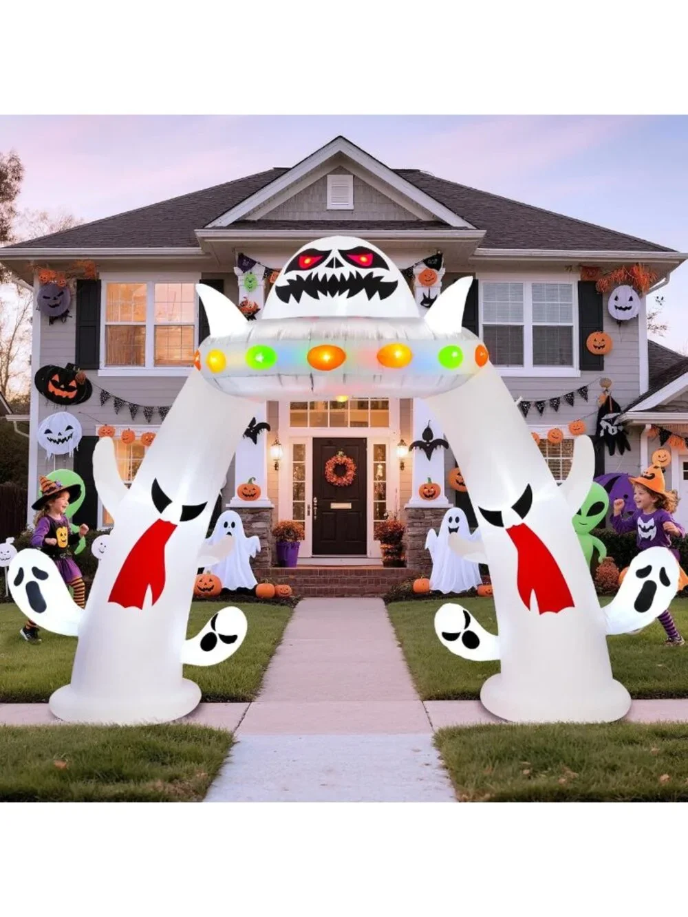 11 ft Halloween Inflatable Archway with Ghosts & UFO - Light-Up Yard Decor